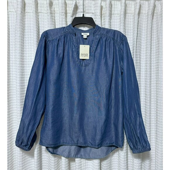 NWT A New Approach ANA Gathered Blue  Medium Wash Denim Long Sleeve Top Size XS - Picture 1 of 6